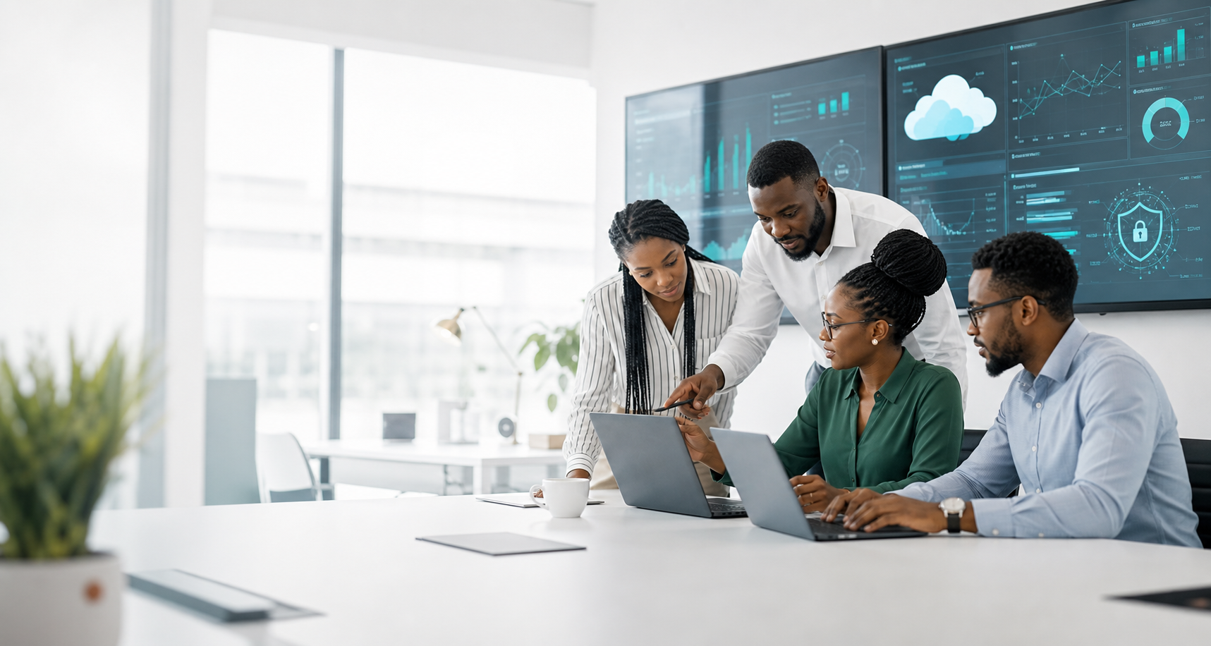 Consultants africains analysant des tableaux de bord cloud et cybersécurité